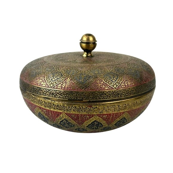 Kinco Brass Lidded Round Circular Trinket Box Home Decor Accent Boho Vintage - Picture 1 of 16